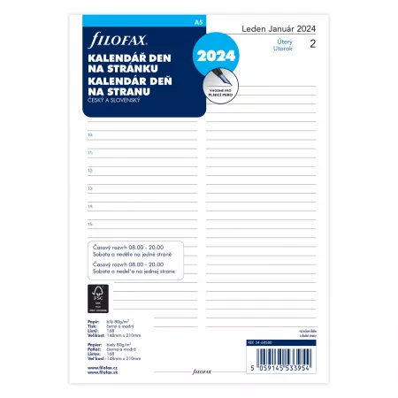 Filofax, Kalendář 2024 A5, den/1 stranu, linky, ČJ+SJ