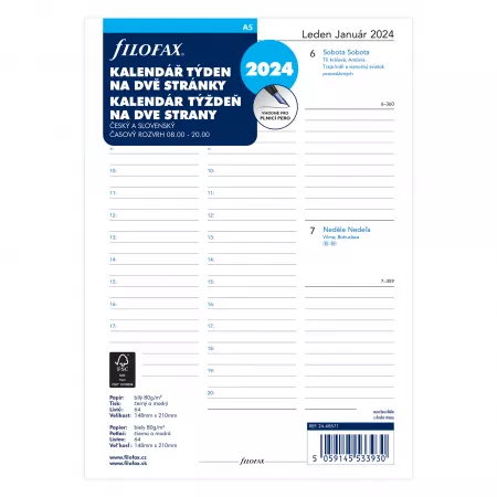 Filofax, Kalendář 2024 A5, týden/2 strany, linky, ČJ+SJ