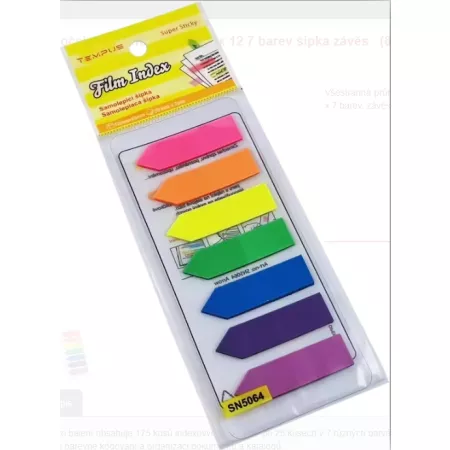 Samolepící bloček neon 45x12mm, 7 barev transparentní šipka, 7 x 25 listů