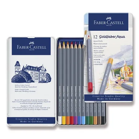 Akvarelové pastelky Faber-Castell Goldfaber Aqua plechová krabička, 12 barev