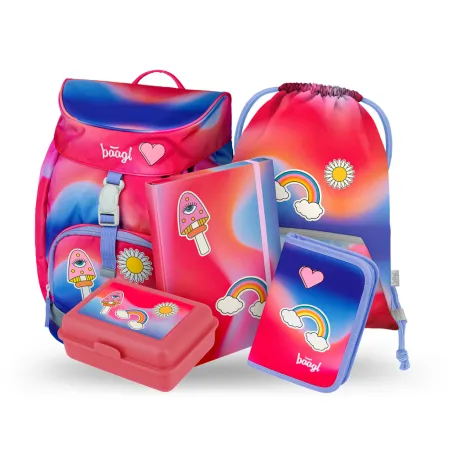 BAAGL 5 SET Airy Duha červený: batoh, penál, sáček, desky, box