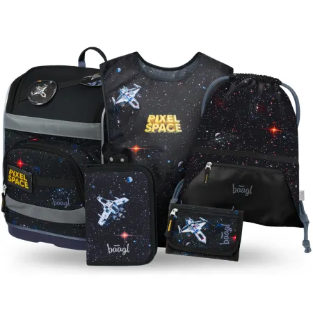 BAAGL SET 5 Zippy Plus Pixel Space: aktovka, penál, sáček, zástěra, peněženka