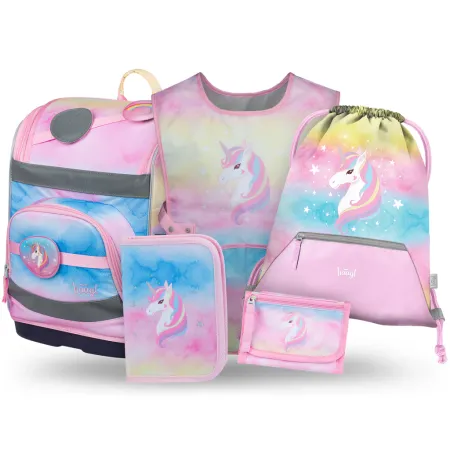 BAAGL SET 5 Zippy Plus Rainbow Unicorn: aktovka, penál, sáček, zástěra, peněženka