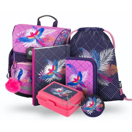 BAAGL SET 6 Papoušek: aktovka, penál, sáček, desky, box, peněženka