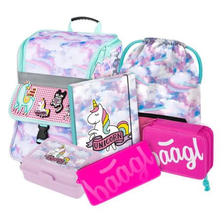 BAAGL SET 6 Zippy Duha: aktovka, dvoupatrový penál, sáček, desky, box, silikon. pouzdro