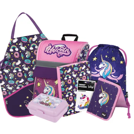 BAAGL SET 7 Zippy Unicorn: aktovka, penál, sáček, desky, box, zástěra, samolepky