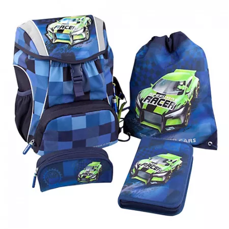 Batoh školní Monster Cars 4-dílný set, modrý se zeleným autem Alex