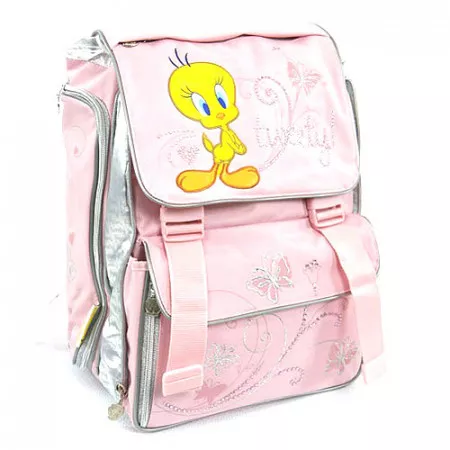 Školní batoh Tweety, ptáček a motýlci, 2 spony, růžový