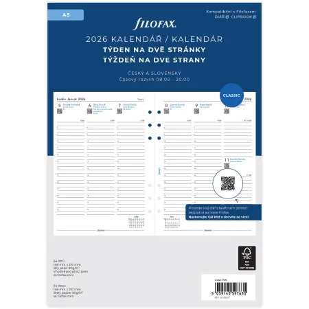 Filofax, Kalendář 2026 A5, týden/2 strany, linky, ČJ + SJ