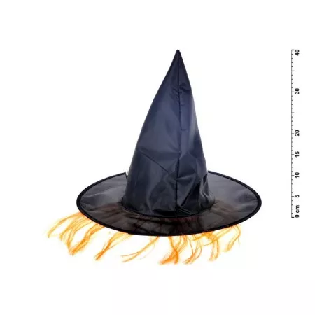 Klobouk čarodějnický M02 černý s vlasy 36 x 30 cm