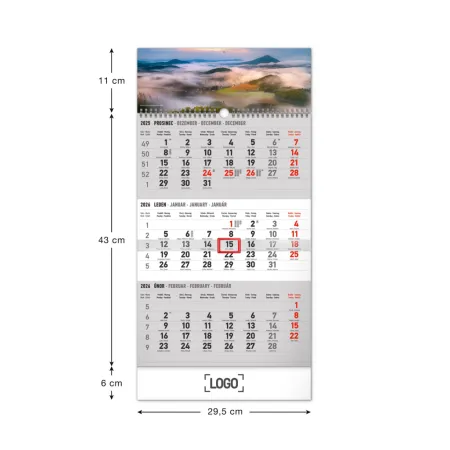 NOTIQUE Nástěnný kalendář 3měsíční Krajina šedý – s českými jmény 2026, 29,5 x 43 cm