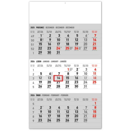 NOTIQUE Nástěnný kalendář 3měsíční standard šedý – s českými jmény 2026, 29,5 x 43 cm