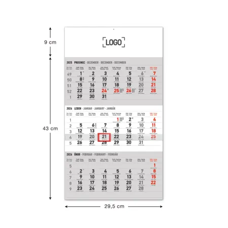 NOTIQUE Nástěnný kalendář 3měsíční standard šedý – s českými jmény 2026, 29,5 x 43 cm