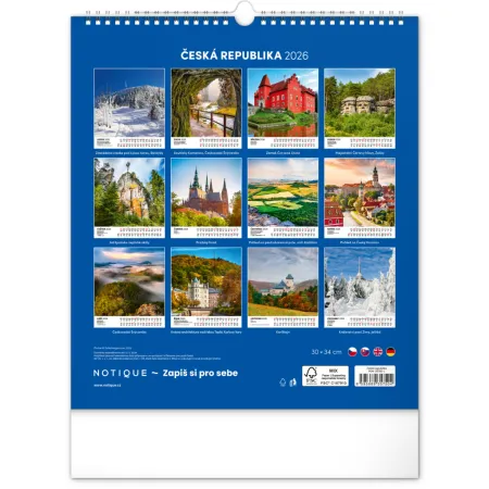 NOTIQUE Nástěnný kalendář Česká republika 2026, 30 x 34 cm