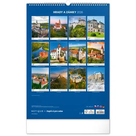 NOTIQUE Nástěnný kalendář Hrady a zámky 2026, 33 x 46 cm