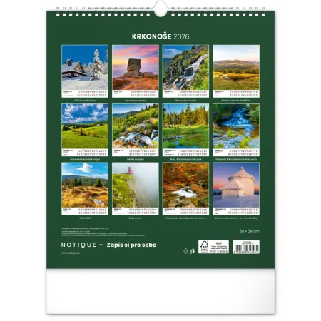 NOTIQUE Nástěnný kalendář Krkonoše 2026, 30 x 34 cm