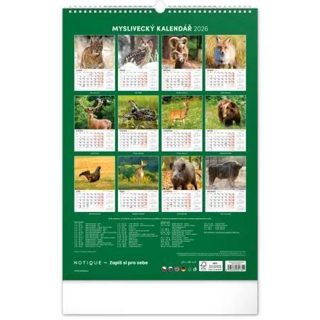 NOTIQUE Nástěnný kalendář Myslivecký 2026, 33 x 46 cm