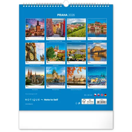 NOTIQUE Nástěnný kalendář Praha 2026, 30 x 34 cm