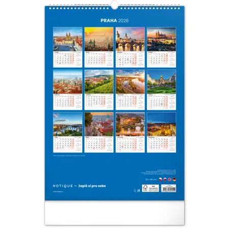 NOTIQUE Nástěnný kalendář Praha 2026, 33 x 46 cm