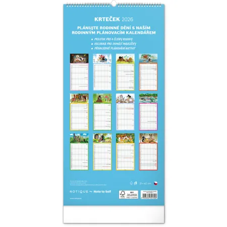 NOTIQUE Nástěnný kalendář Rodinný plánovací Krteček 2026, 21 x 42 cm
