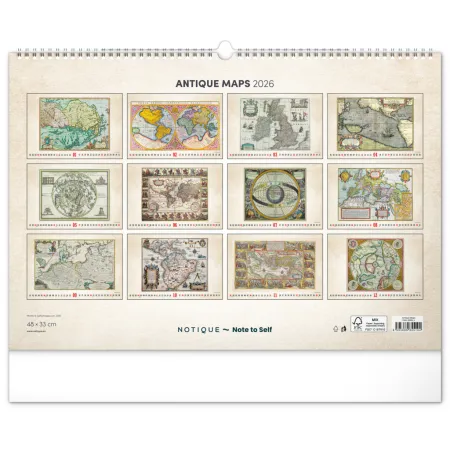NOTIQUE Nástěnný kalendář Staré mapy 2026, 48 x 33 cm