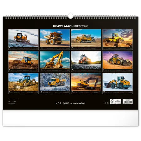 NOTIQUE Nástěnný kalendář Stavební stroje 2026, 48 x 33 cm
