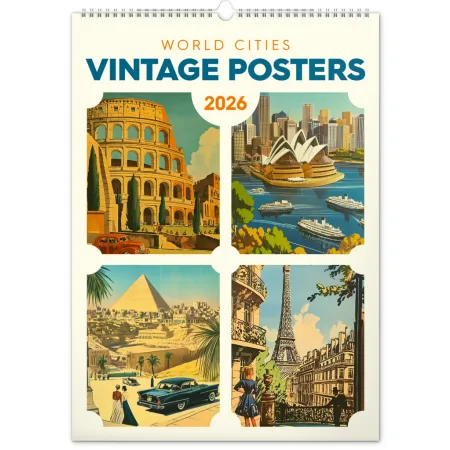 NOTIQUE Nástěnný kalendář Vintage plakáty – světová města 2026, 33 x 46 cm