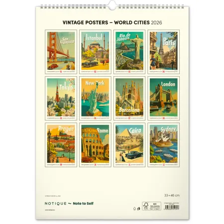 NOTIQUE Nástěnný kalendář Vintage plakáty – světová města 2026, 33 x 46 cm