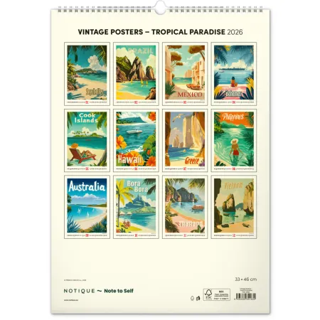 NOTIQUE Nástěnný kalendář Vintage plakáty – tropické ráje 2026, 33 x 46 cm