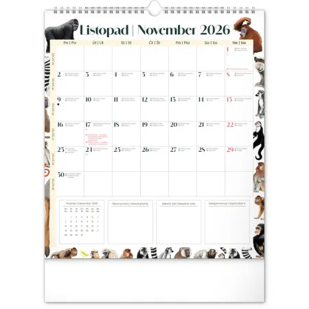 NOTIQUE Nástěnný plánovací kalendář Animalium 2026, 30 x 34 cm