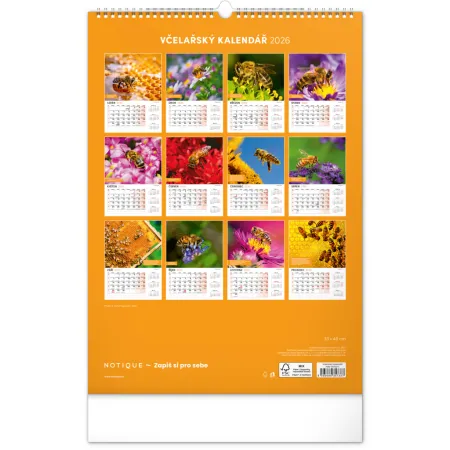 NOTIQUE Nástěnný Včelařský kalendář 2026, 33 x 46 cm