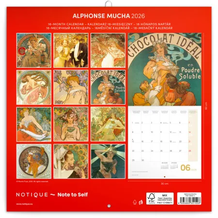 NOTIQUE Poznámkový kalendář Alfons Mucha 2026, 30 x 30 cm