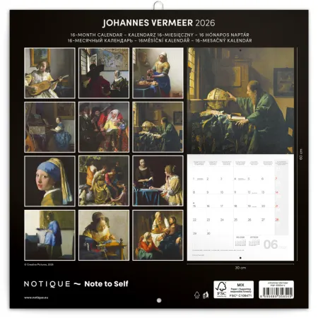 NOTIQUE Poznámkový kalendář Johannes Vermeer 2026, 30 x 30 cm