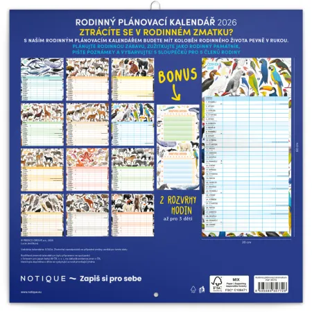NOTIQUE Rodinný plánovací kalendář Animalium 2026, 30 x 30 cm