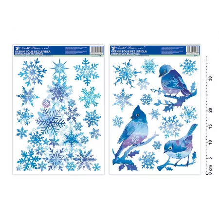Okenní fólie 214 ptáčci s vločkami a stromek z vloček, modrý s glitry, 37x29cm