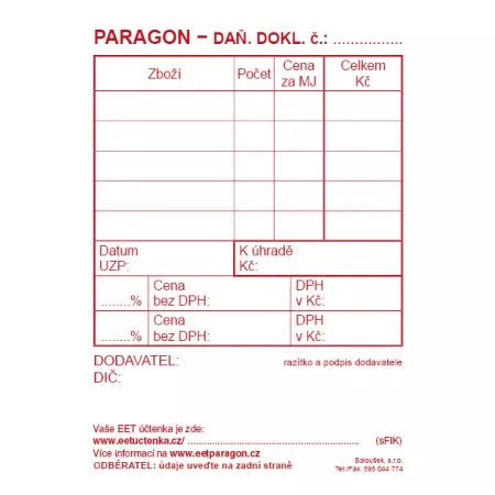 Paragon - daňový doklad A7 - EET, PT009