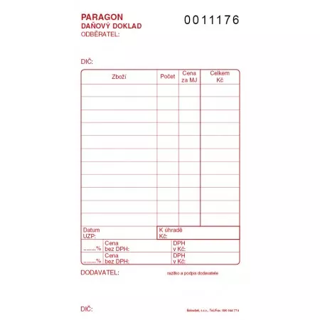 Paragon daňový doklad číslovaný 1+1, ET012