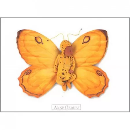 Pohlednice Anne Geddes, mimimko v kostýmu žlutého motýlka