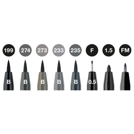 Popisovač Faber-Castell Pitt Artist Pen Black&Grey sada 8 ks, různé hroty, černý a šedý