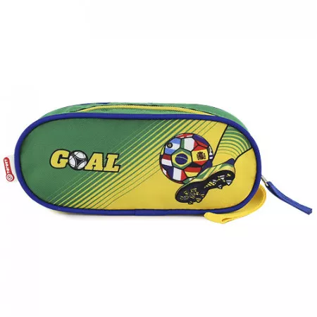 Školní penál Goal, elipsovitý, zeleno-žluto-modrý
