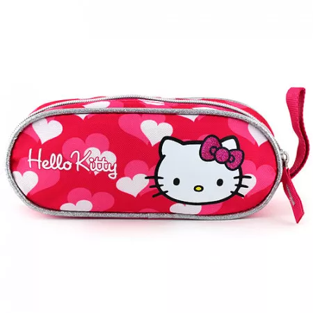 Školní penál Hello Kitty elipsovitý, růžový se srdíčky